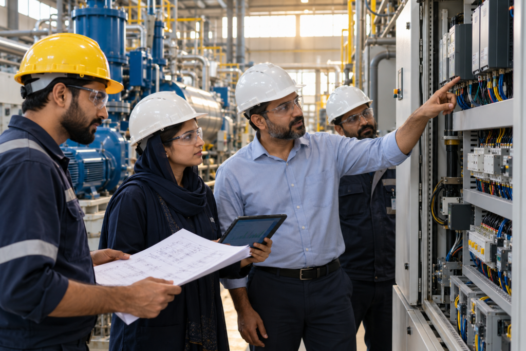 ROBOX industrial engineering team reviewing a control cabinet and process drawings on a plant floor.
