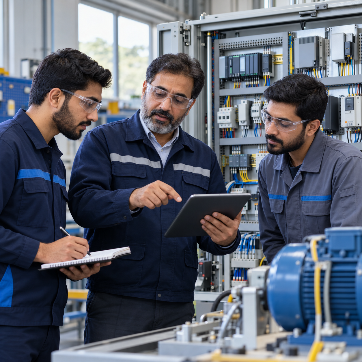 Industrial PLC training workshop: instructor guiding two technicians at a control panel.