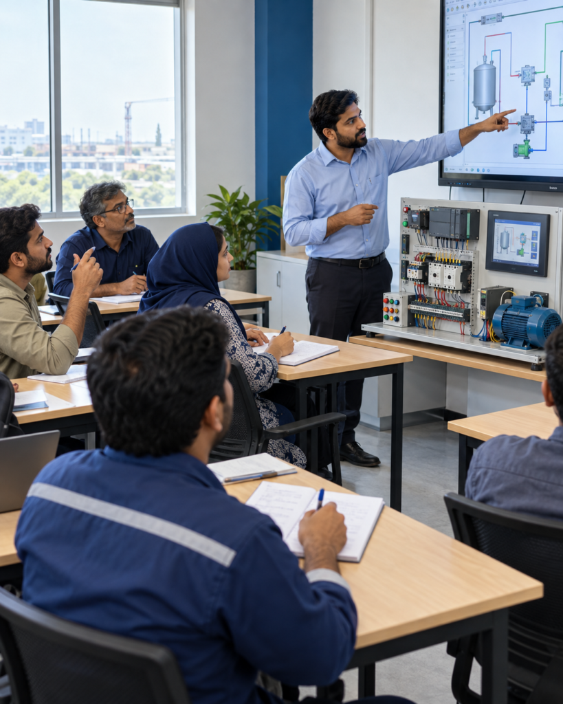 Industrial training instructor explaining a process diagram to engineers in a technical training room.