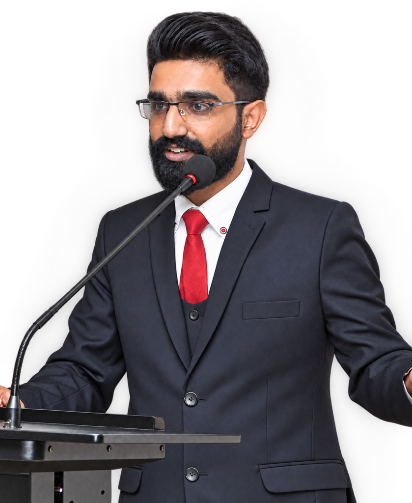 Technical training instructor at a podium, isolated with a soft translucent white glow
